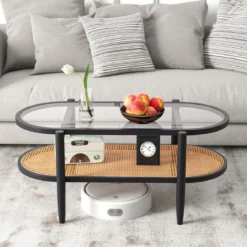 Ovaler Couchtisch Beistelltisch mit Glas Tischplatte & Rattan Ablage 102 x 56 x 47 cm Schwarz + Natur