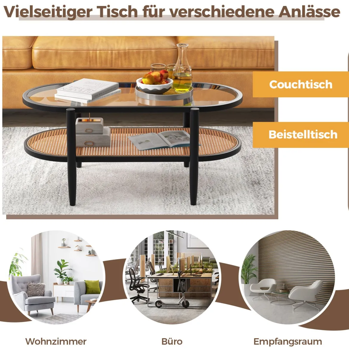 Ovaler Couchtisch Beistelltisch mit Glas Tischplatte & Rattan Ablage 102 x 56 x 47 cm Schwarz + Natur