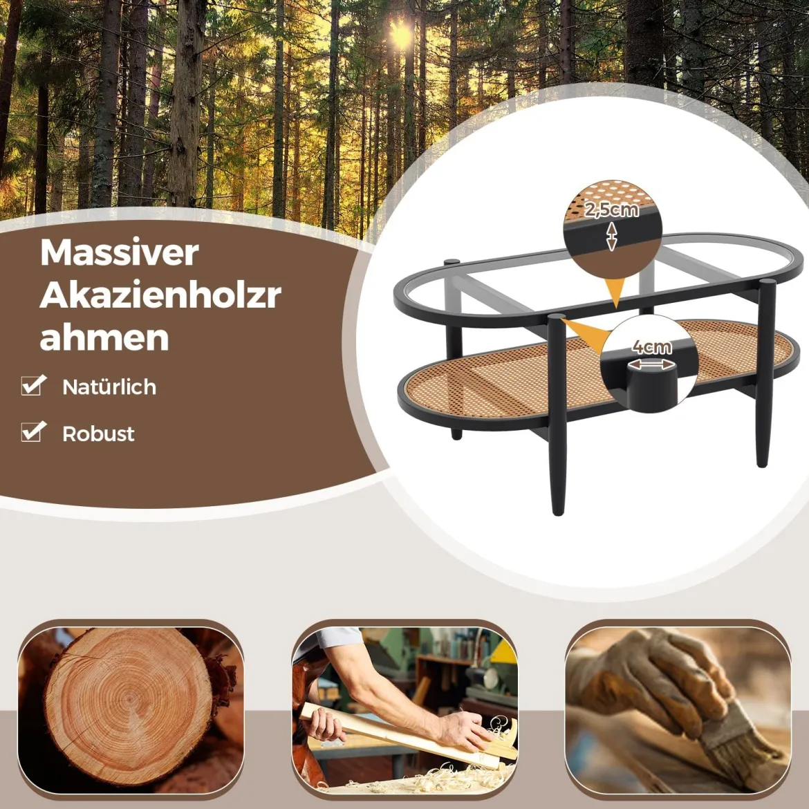 Ovaler Couchtisch Beistelltisch mit Glas Tischplatte & Rattan Ablage 102 x 56 x 47 cm Schwarz + Natur
