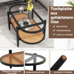 Ovaler Couchtisch Beistelltisch mit Glas Tischplatte & Rattan Ablage 102 x 56 x 47 cm Schwarz + Natur