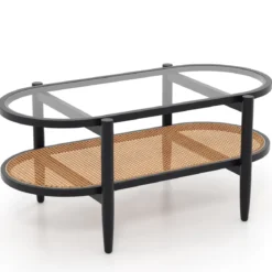 Ovaler Couchtisch Beistelltisch mit Glas Tischplatte & Rattan Ablage 102 x 56 x 47 cm Schwarz + Natur
