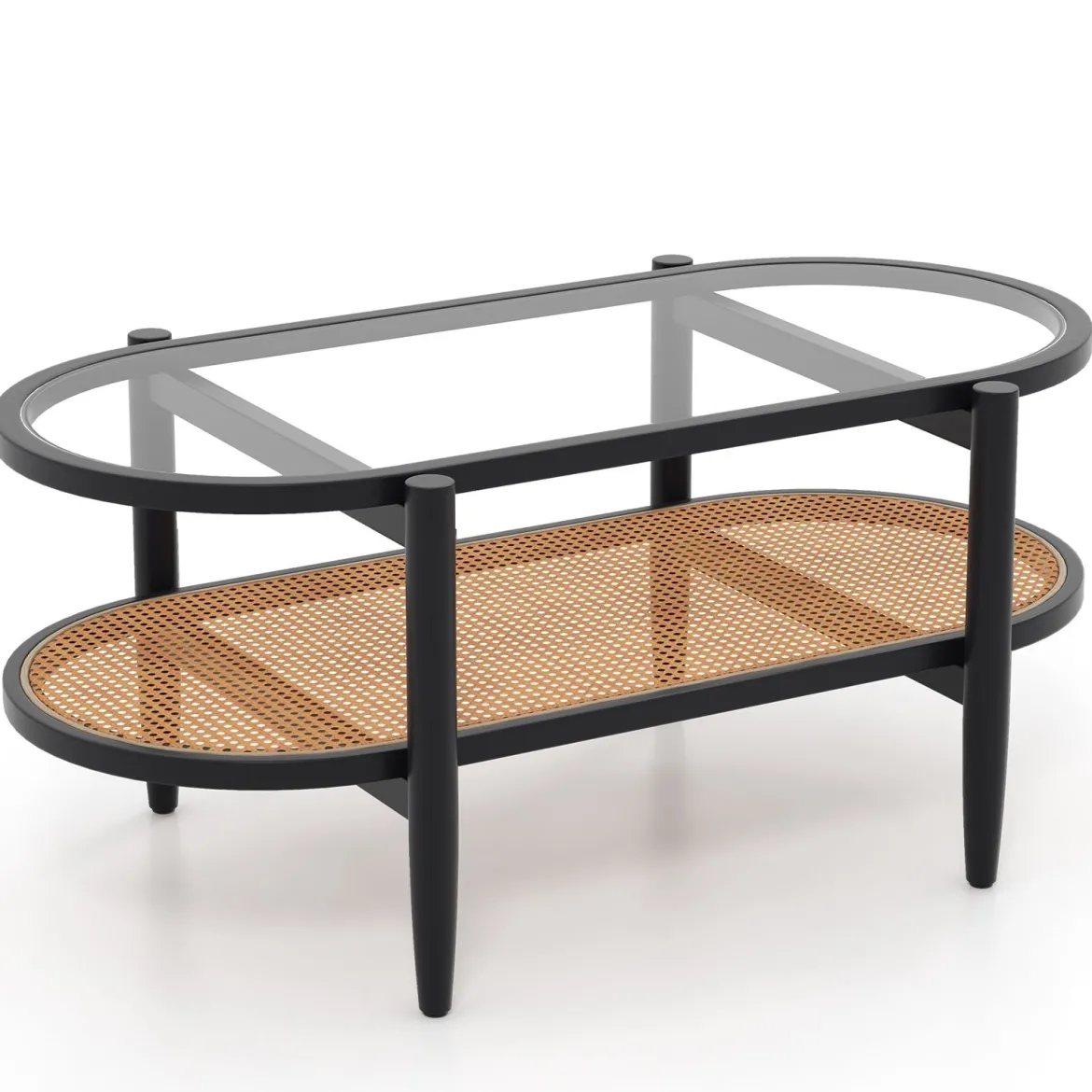 Ovaler Couchtisch Beistelltisch mit Glas Tischplatte & Rattan Ablage 102 x 56 x 47 cm Schwarz + Natur