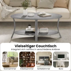 Ovaler Couchtisch mit Ablage Wohnzimmertisch 2-stöckiger Beistelltisch Sofatisch Kaffeetisch Grau