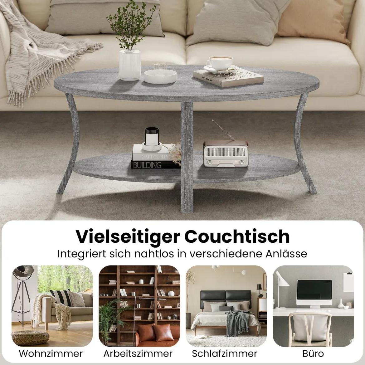 Ovaler Couchtisch mit Ablage Wohnzimmertisch 2-stöckiger Beistelltisch Sofatisch Kaffeetisch Grau
