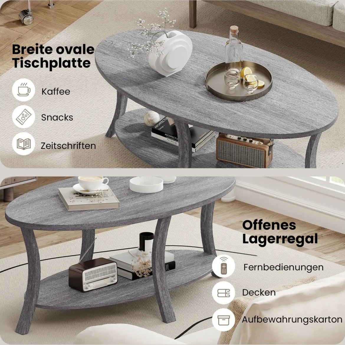 Ovaler Couchtisch mit Ablage Wohnzimmertisch 2-stöckiger Beistelltisch Sofatisch Kaffeetisch Grau