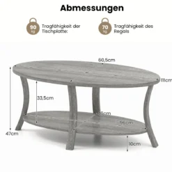 Ovaler Couchtisch mit Ablage Wohnzimmertisch 2-stöckiger Beistelltisch Sofatisch Kaffeetisch Grau