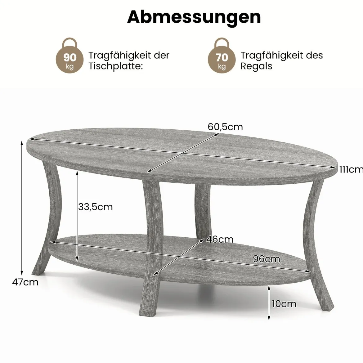 Ovaler Couchtisch mit Ablage Wohnzimmertisch 2-stöckiger Beistelltisch Sofatisch Kaffeetisch Grau