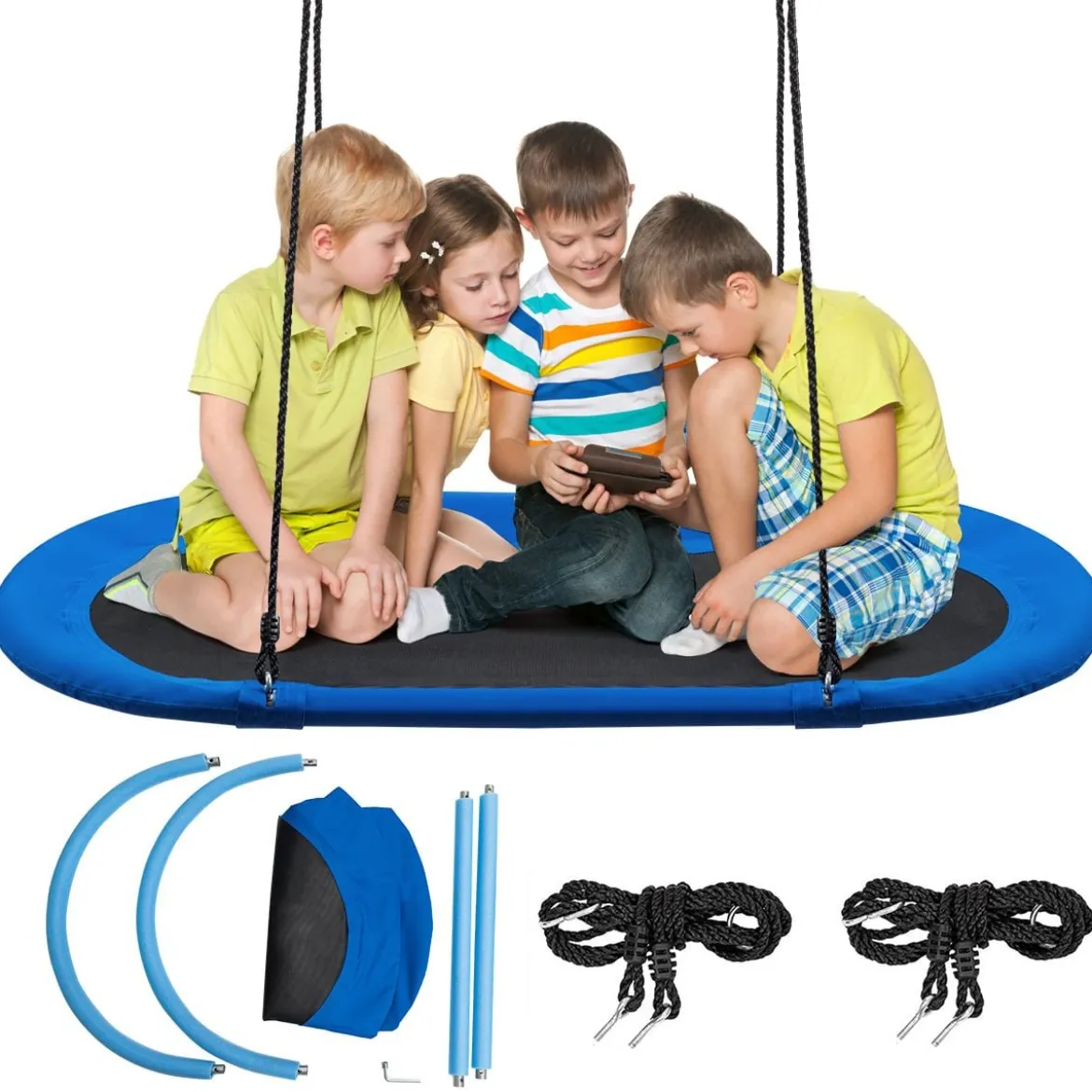 Ovale Schaukel Baumschaukel mit 100-160cm verstellbarer Höhe & mehrlagigem Seil für Kinder & Erwachsene Blau