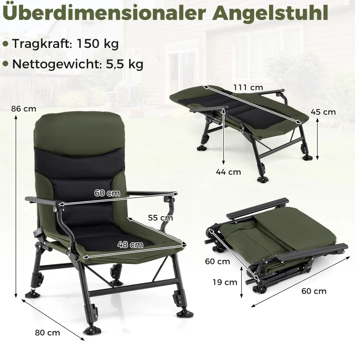 Oversize Klappbarer Campingstuhl für Erwachsene Schwerlast All-Terrain Klappstuhl Grün