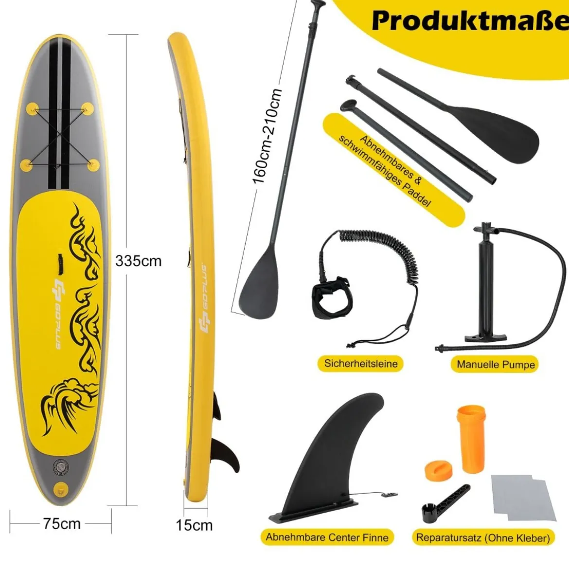 Paddelboard Surfboard Sup-Board Paddelbrett Stand Up Board Set 335 x 75 x 15 cm Gelb