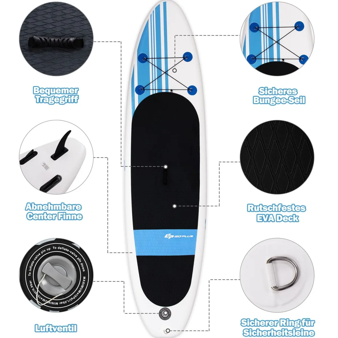 Paddlebrett Aufblasbares Stand Up Surfboard Set Blau und Weiß 305 x 76 x 15 cm