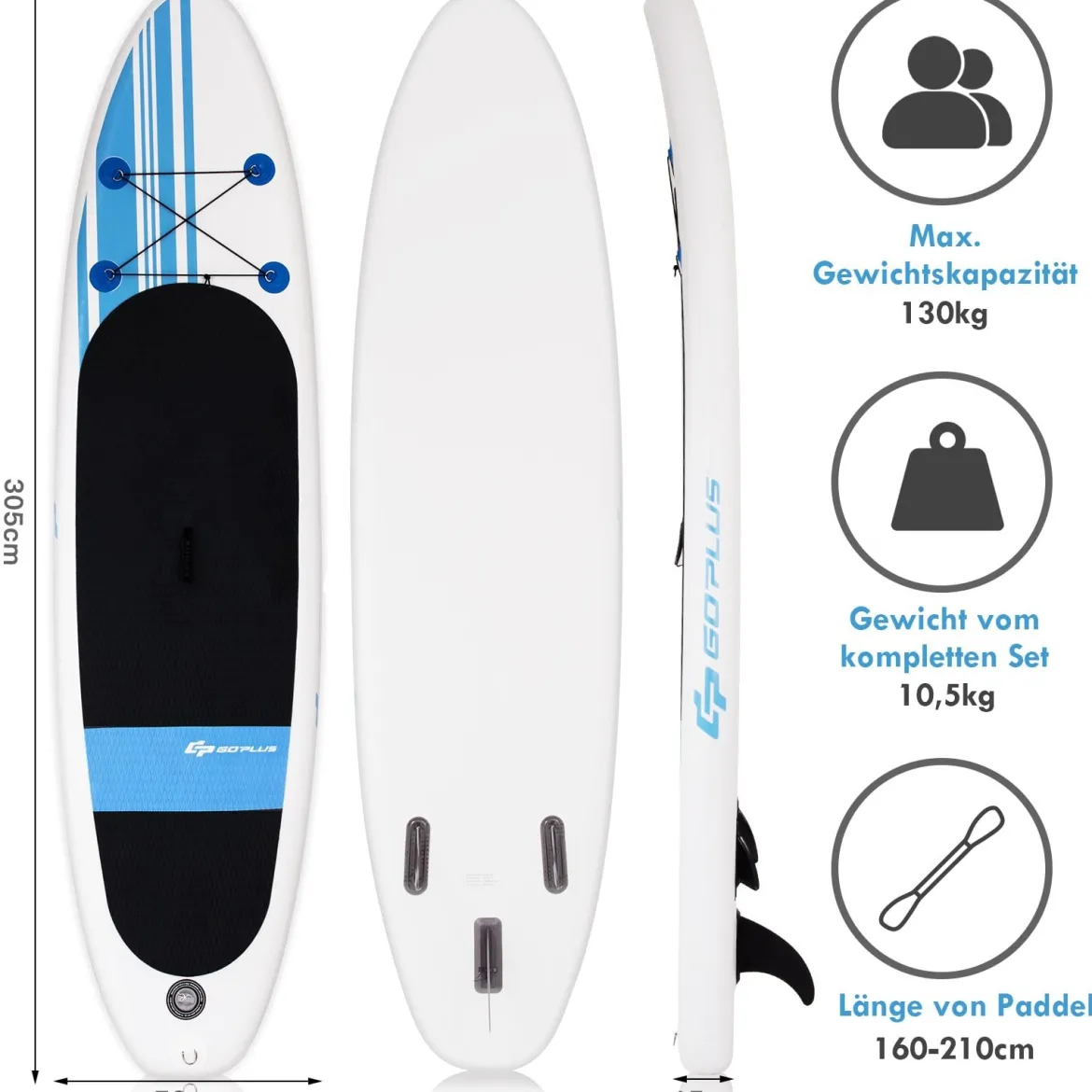 Paddlebrett Aufblasbares Stand Up Surfboard Set Blau und Weiß 305 x 76 x 15 cm