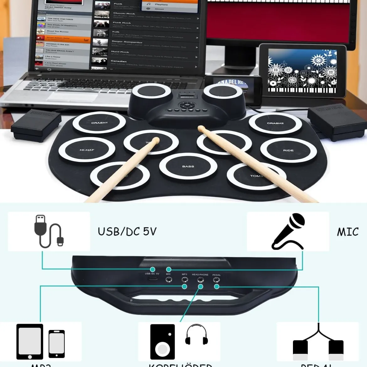 9 Pads E-Drum mit LEDs & Bluetooth inkl. Pedale und Drumsticksfür Kinder und Anfänger