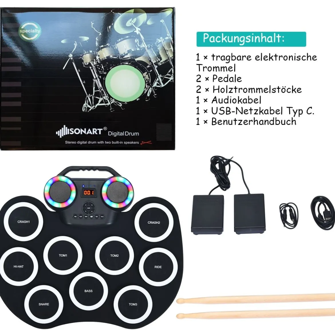 9 Pads E-Drum mit LEDs & Bluetooth inkl. Pedale und Drumsticksfür Kinder und Anfänger