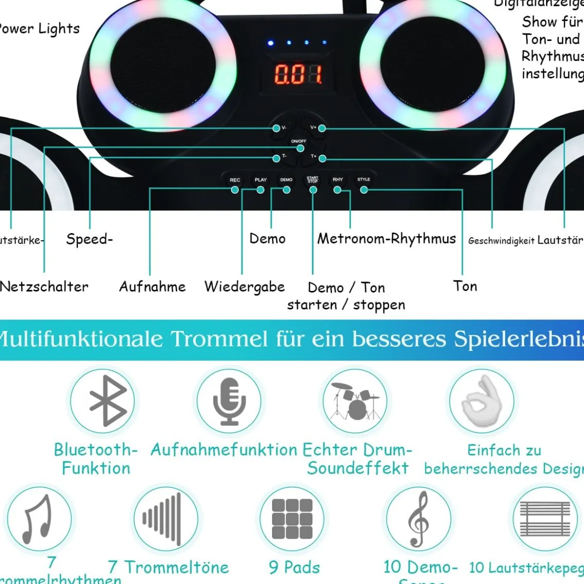 9 Pads E-Drum mit LEDs & Bluetooth inkl. Pedale und Drumsticksfür Kinder und Anfänger
