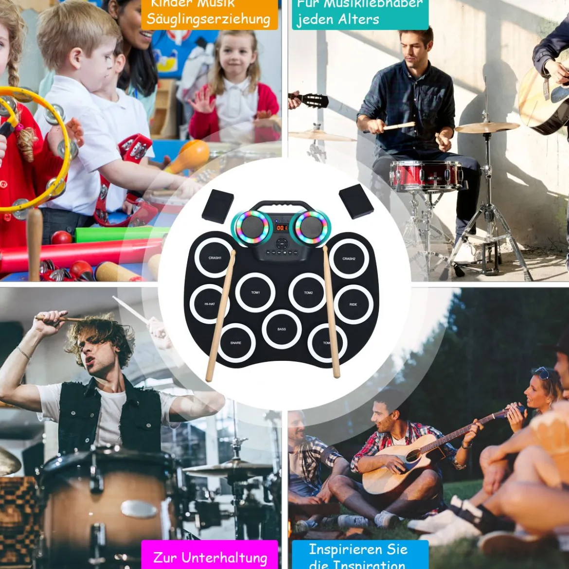 9 Pads E-Drum mit LEDs & Bluetooth inkl. Pedale und Drumsticksfür Kinder und Anfänger