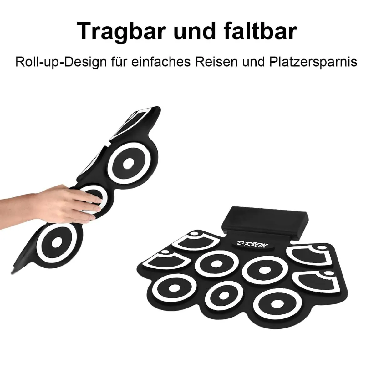 9 Pads E-Drum Roll-Up-Trommel inkl. Pedale & Drumsticks für Kinder und Anfänger Schwarz