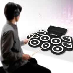 9 Pads E-Drum Roll-Up-Trommel inkl. Pedale & Drumsticks für Kinder und Anfänger Schwarz