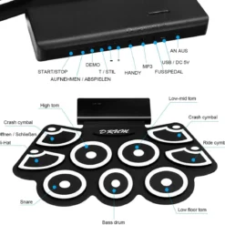9 Pads E-Drum Roll-Up-Trommel inkl. Pedale & Drumsticks für Kinder und Anfänger Schwarz