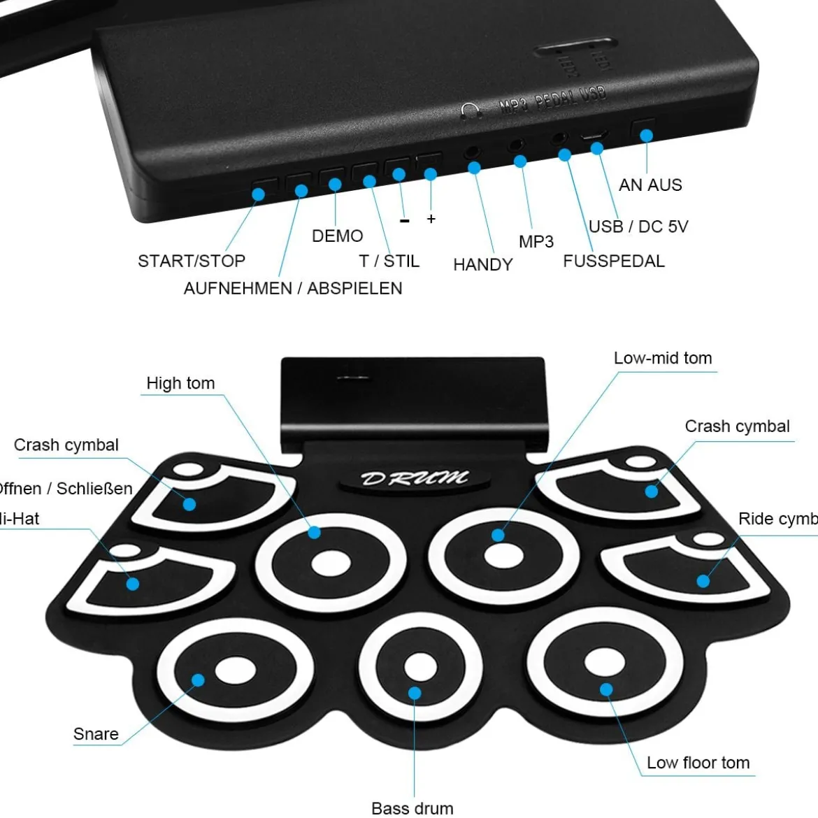 9 Pads E-Drum Roll-Up-Trommel inkl. Pedale & Drumsticks für Kinder und Anfänger Schwarz