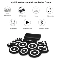 9 Pads E-Drum Roll-Up-Trommel inkl. Pedale & Drumsticks für Kinder und Anfänger Schwarz
