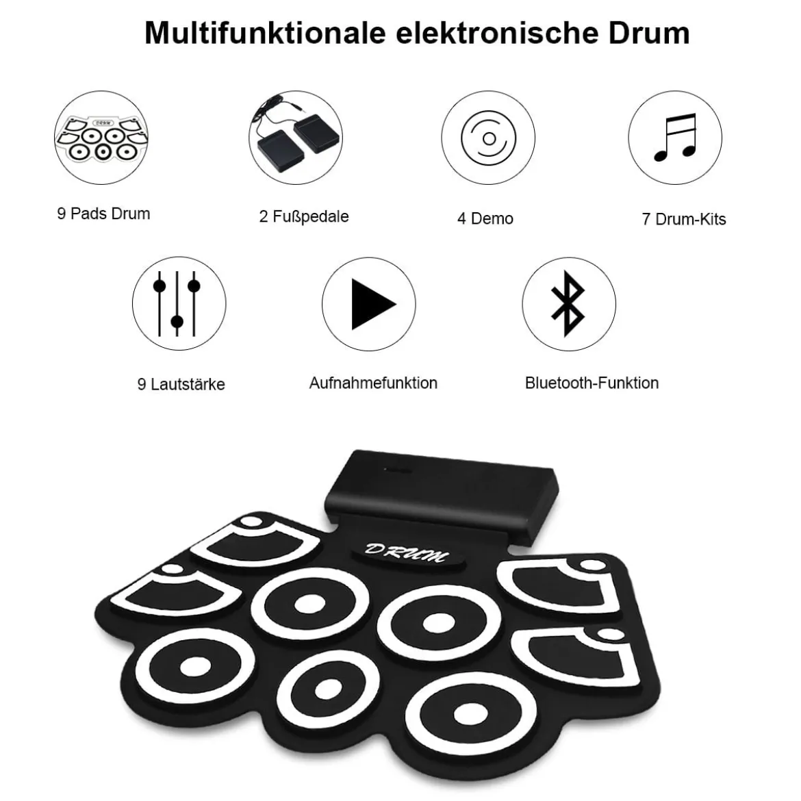 9 Pads E-Drum Roll-Up-Trommel inkl. Pedale & Drumsticks für Kinder und Anfänger Schwarz