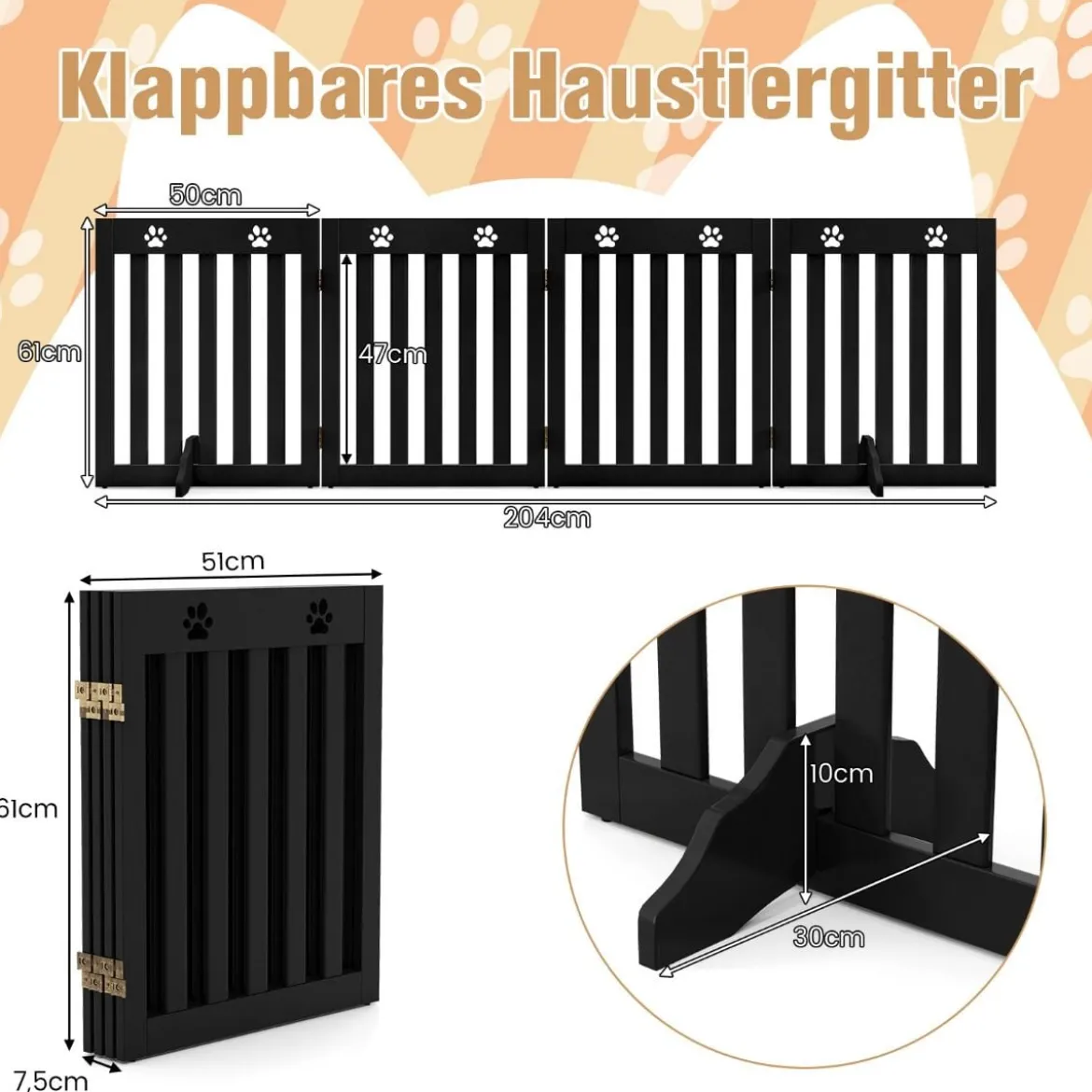 4 Paneelen Absperrgitter Hunde Schutzgitter klappbar Treppengitter 203 x 60 x 1,5 cm Braun