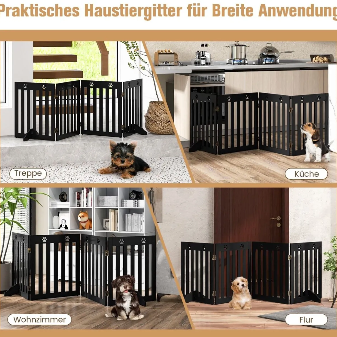 4 Paneelen Absperrgitter Hunde Schutzgitter klappbar Treppengitter 203 x 60 x 1,5 cm Braun