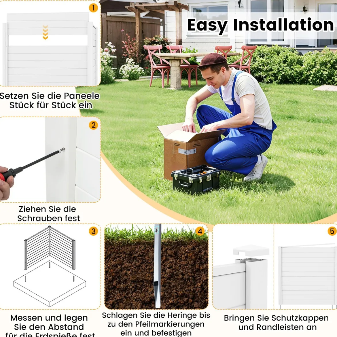 2 Paneele Sichtschutzzaun 123 x 123 cm Gartenzaun PVC mit 3 verzinkte Metall-Erdspieße Weiß