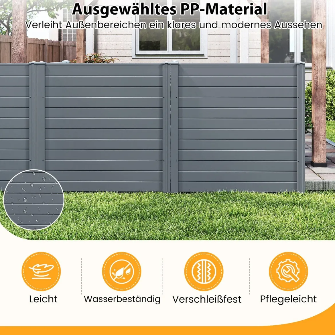 2 Paneele Sichtschutzzaun 123 x 123 cm Gartenzaun PVC mit 3 verzinkte Metall-Erdspieße Grau