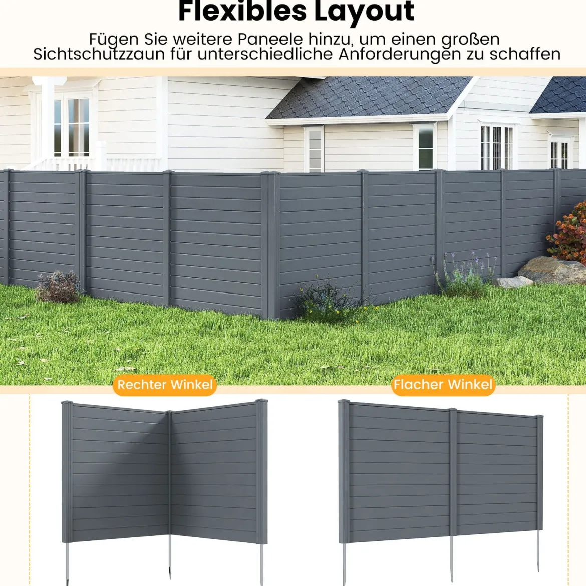 2 Paneele Sichtschutzzaun 123 x 123 cm Gartenzaun PVC mit 3 verzinkte Metall-Erdspieße Grau