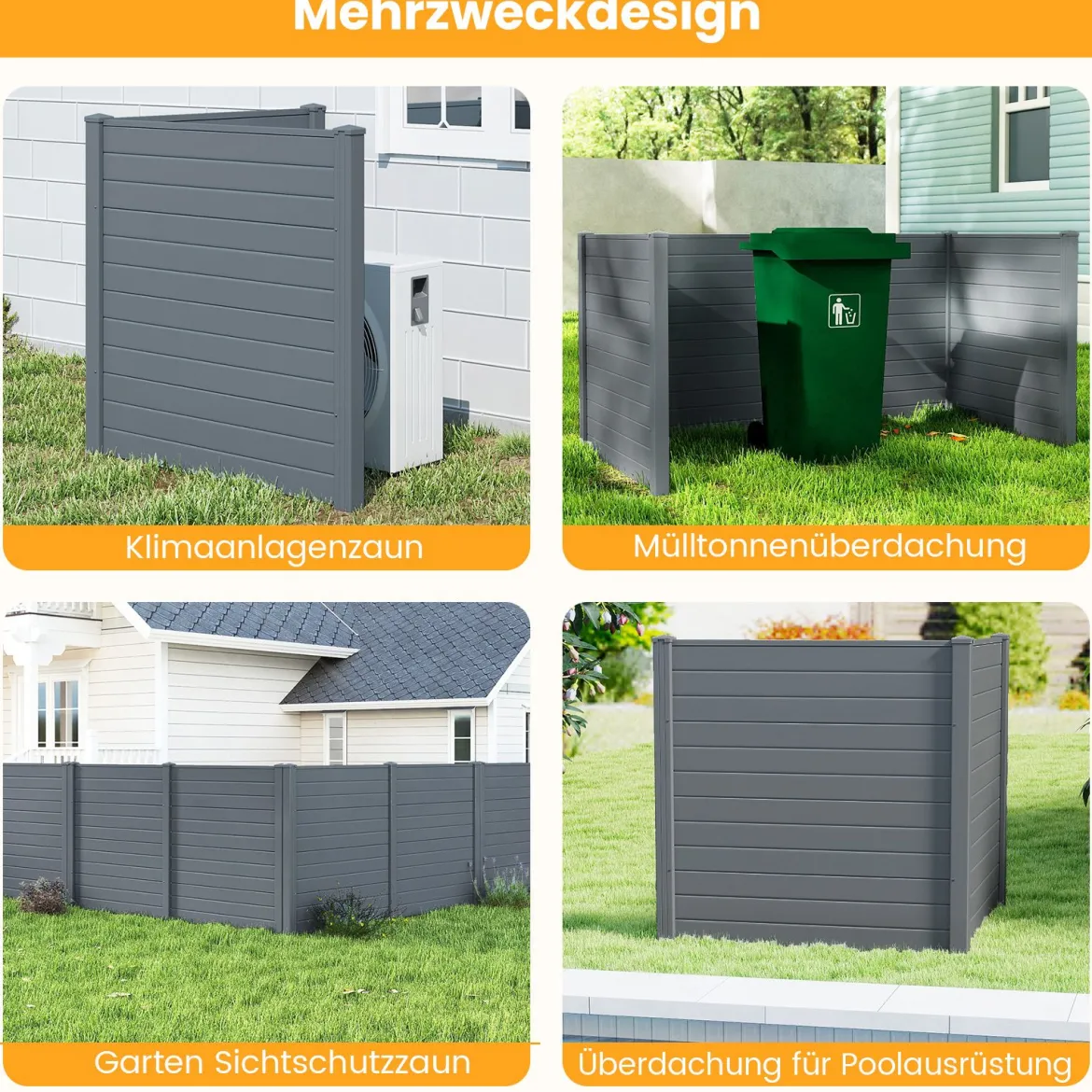 2 Paneele Sichtschutzzaun 123 x 123 cm Gartenzaun PVC mit 3 verzinkte Metall-Erdspieße Grau