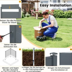 2 Paneele Sichtschutzzaun 123 x 123 cm Gartenzaun PVC mit 3 verzinkte Metall-Erdspieße Grau