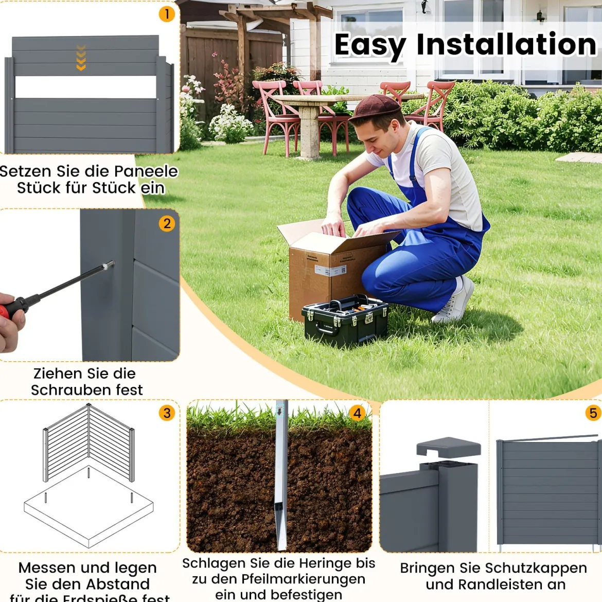 2 Paneele Sichtschutzzaun 123 x 123 cm Gartenzaun PVC mit 3 verzinkte Metall-Erdspieße Grau