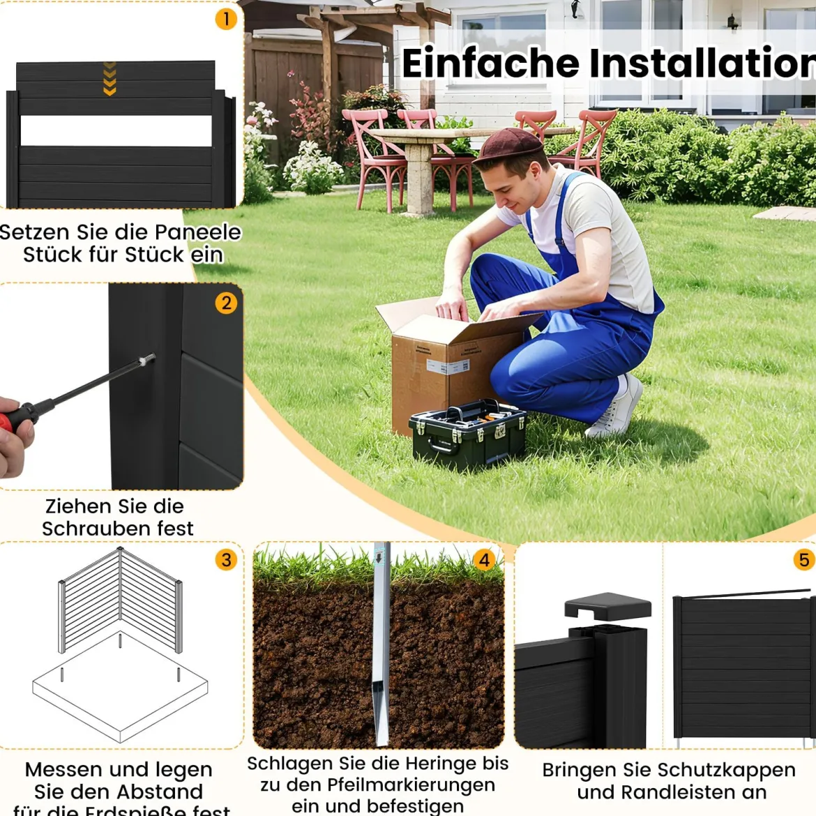 2 Paneele Sichtschutzzaun 123 x 123 cm Gartenzaun PVC mit 3 verzinkte Metall-Erdspieße Schwarz