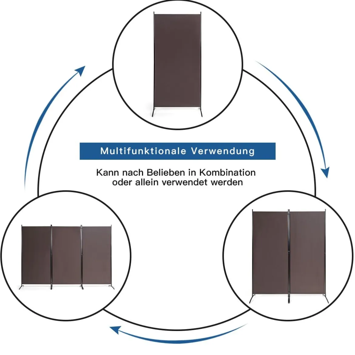 3 Panel Raumteiler mit robusten Scharnieren und Stahlbasis Freistehender Sichtschutz 260x 183 cm Kaffee