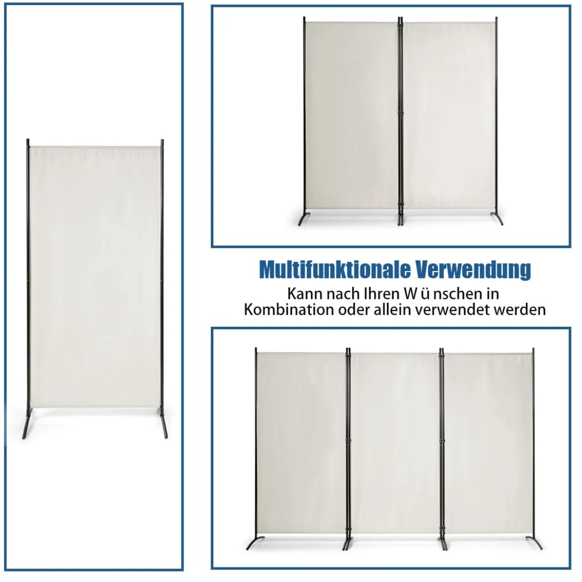 3-Panel Raumteiler mit Verstellbaren Untersetzern & Robusten Scharnieren & Stahlbasis Beige