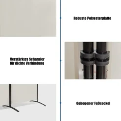 3-Panel Raumteiler mit Verstellbaren Untersetzern & Robusten Scharnieren & Stahlbasis Beige