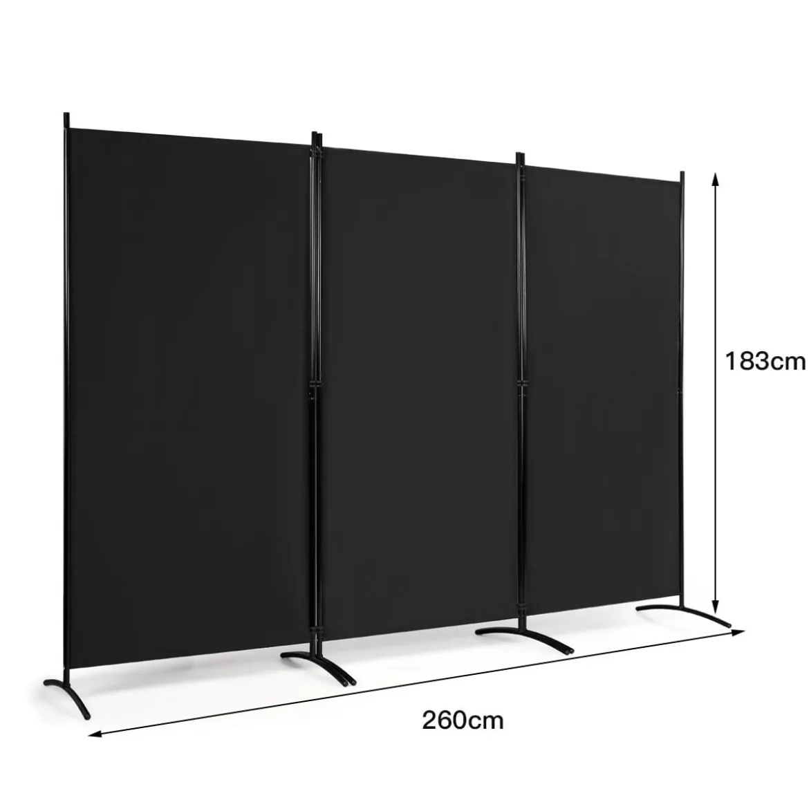 3-Panel Raumteiler mit Verstellbaren Untersetzern & Robusten Scharnieren & Stahlbasis Schwarz
