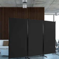 3-Panel Raumteiler mit Verstellbaren Untersetzern & Robusten Scharnieren & Stahlbasis Schwarz
