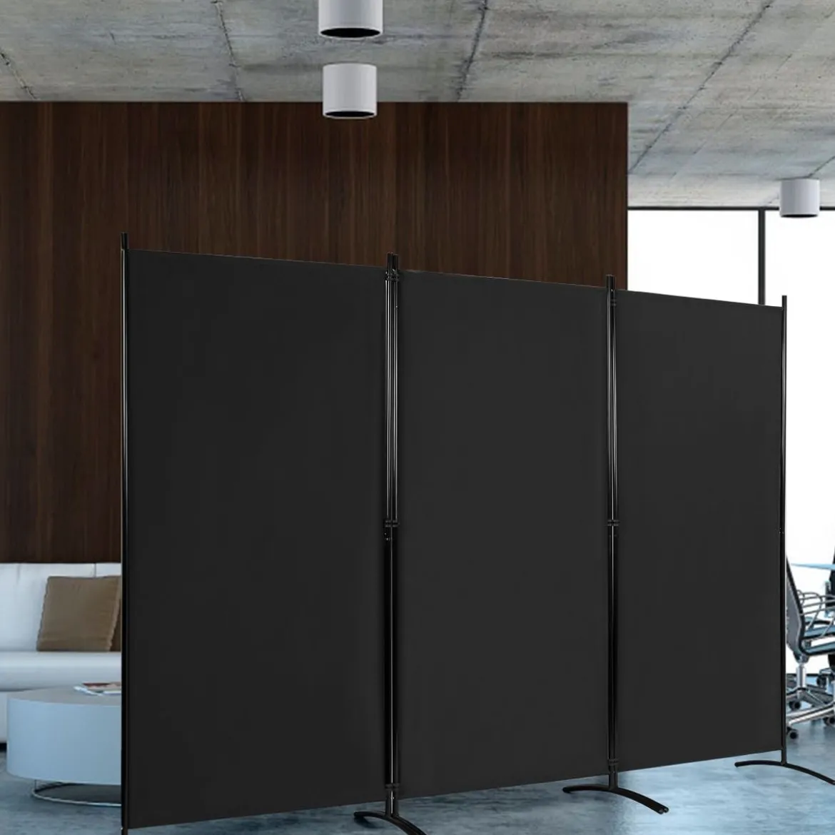 3-Panel Raumteiler mit Verstellbaren Untersetzern & Robusten Scharnieren & Stahlbasis Schwarz