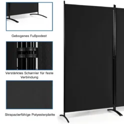 3-Panel Raumteiler mit Verstellbaren Untersetzern & Robusten Scharnieren & Stahlbasis Schwarz