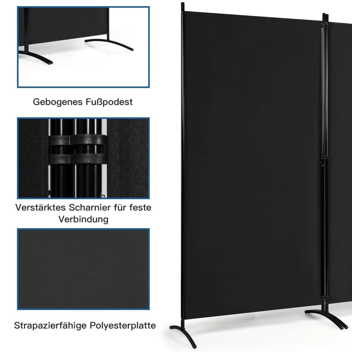 3-Panel Raumteiler mit Verstellbaren Untersetzern & Robusten Scharnieren & Stahlbasis Schwarz