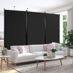 3-Panel Raumteiler mit Verstellbaren Untersetzern & Robusten Scharnieren & Stahlbasis Schwarz