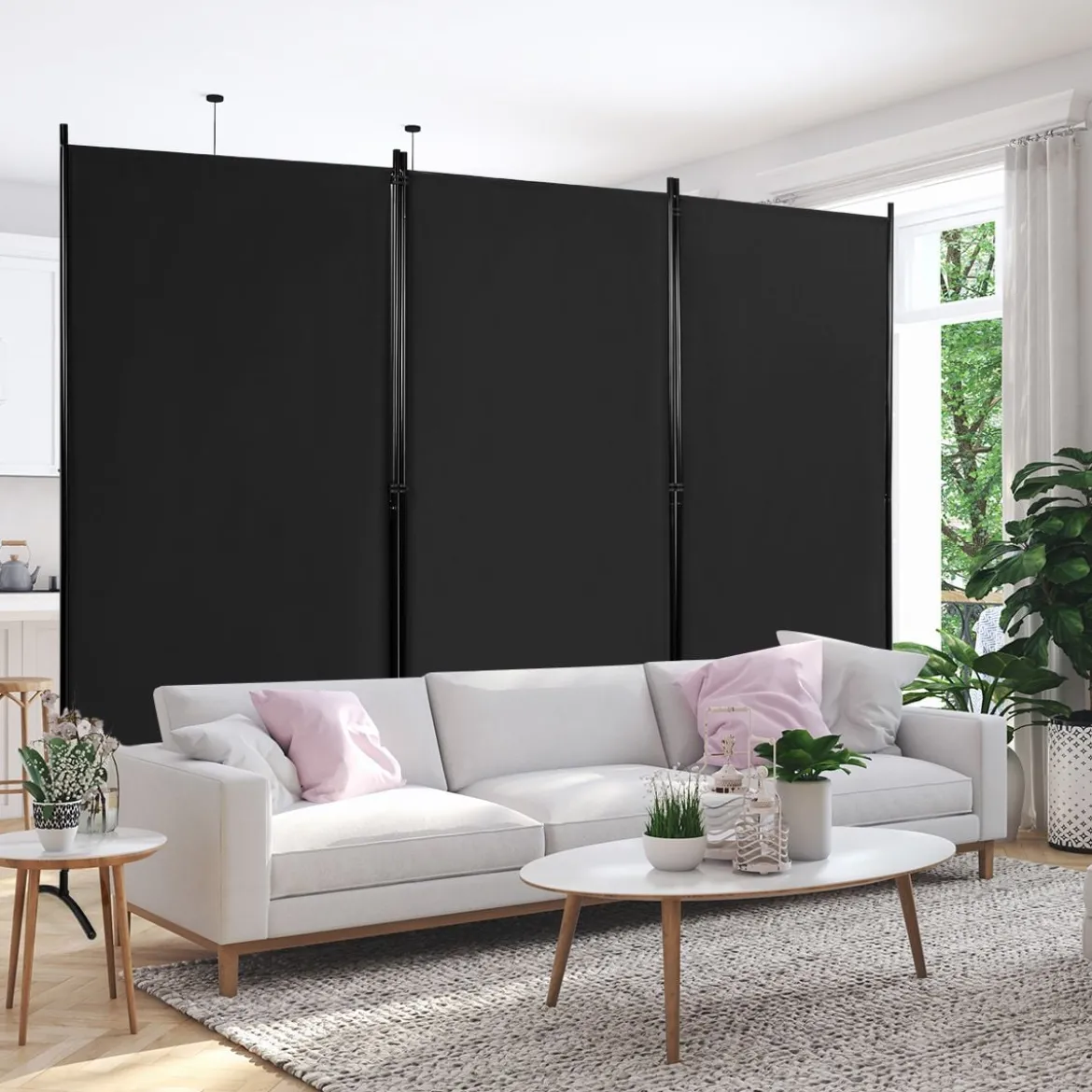 3-Panel Raumteiler mit Verstellbaren Untersetzern & Robusten Scharnieren & Stahlbasis Schwarz