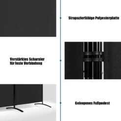 3-Panel Raumteiler mit Verstellbaren Untersetzern & Robusten Scharnieren & Stahlbasis Schwarz