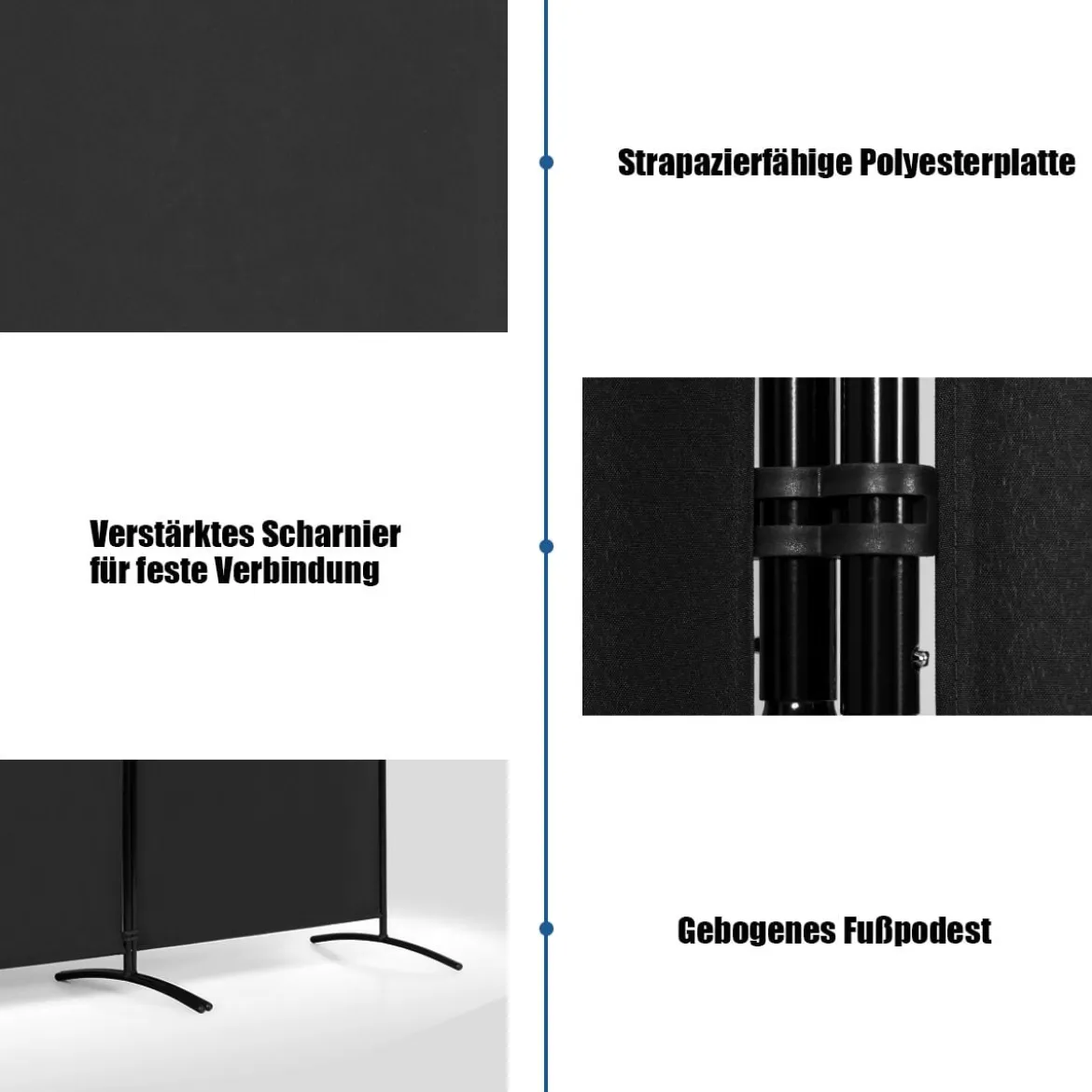 3-Panel Raumteiler mit Verstellbaren Untersetzern & Robusten Scharnieren & Stahlbasis Schwarz