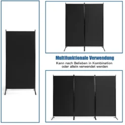 3-Panel Raumteiler mit Verstellbaren Untersetzern & Robusten Scharnieren & Stahlbasis Schwarz