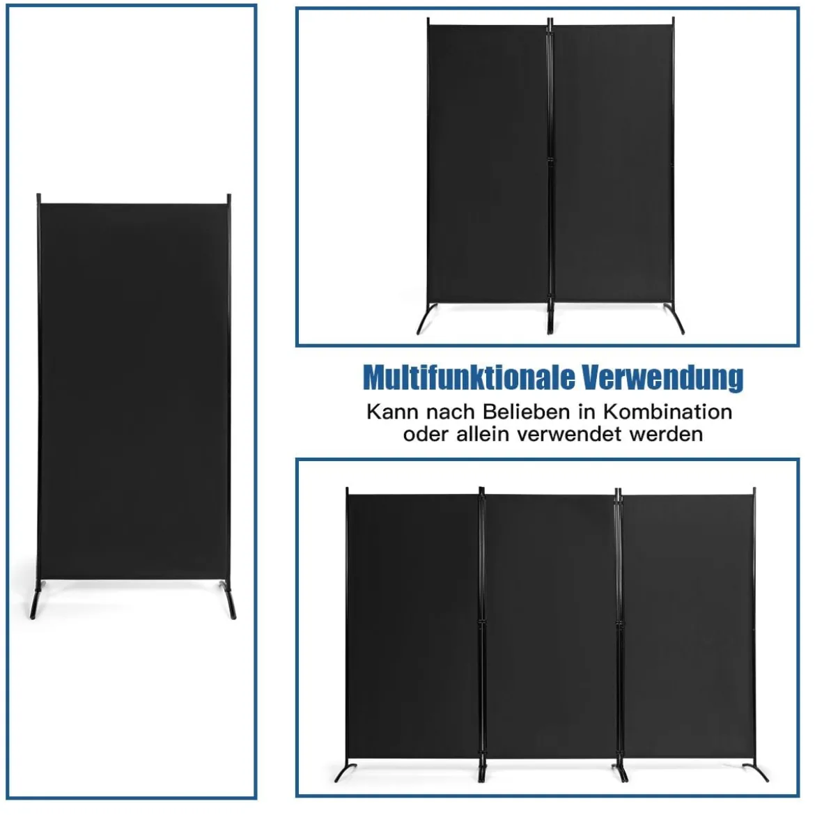 3-Panel Raumteiler mit Verstellbaren Untersetzern & Robusten Scharnieren & Stahlbasis Schwarz