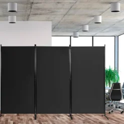 3-Panel Raumteiler mit Verstellbaren Untersetzern & Robusten Scharnieren & Stahlbasis Schwarz